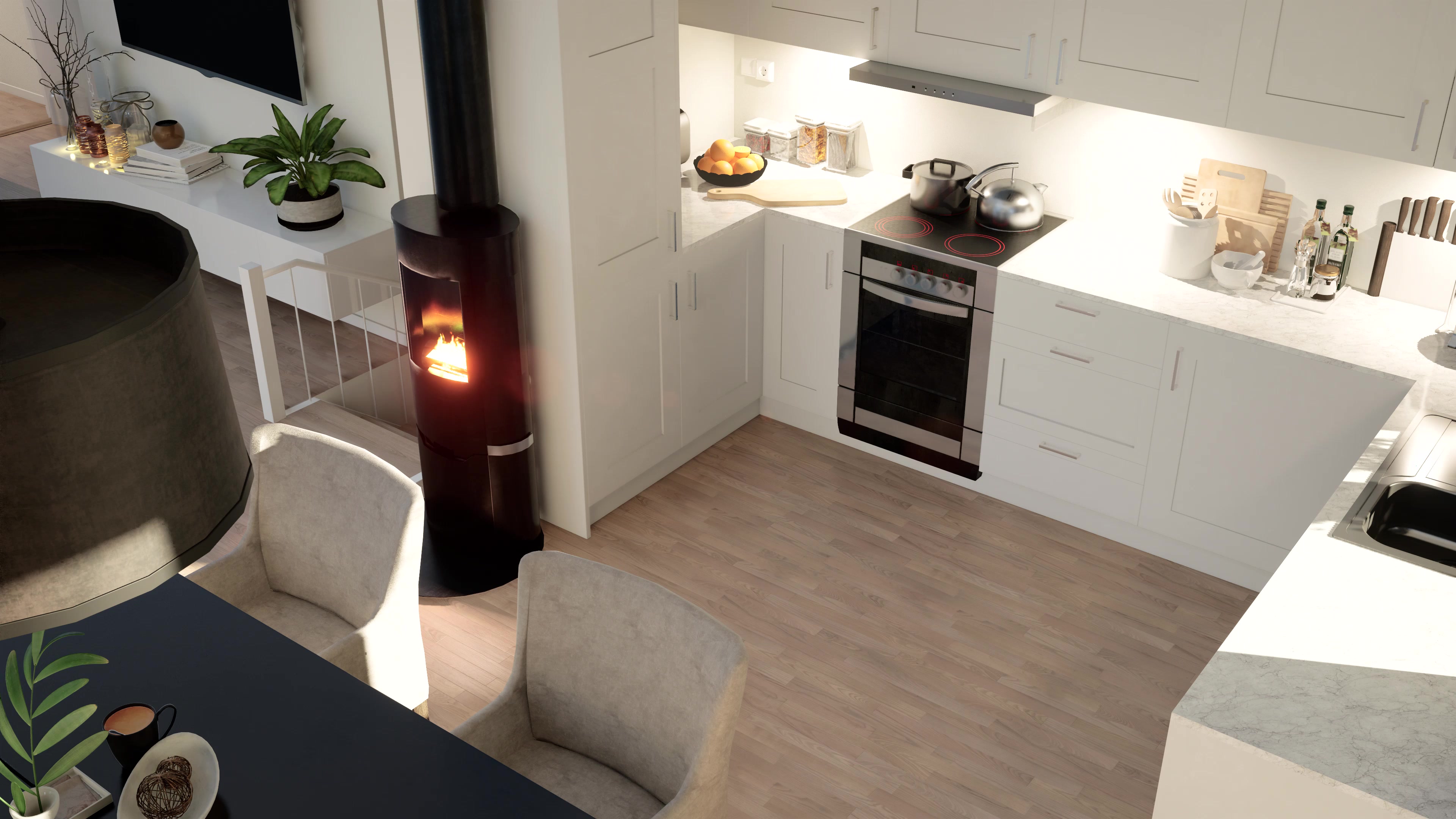 UE5 interior: open-plan kitchen and living area
