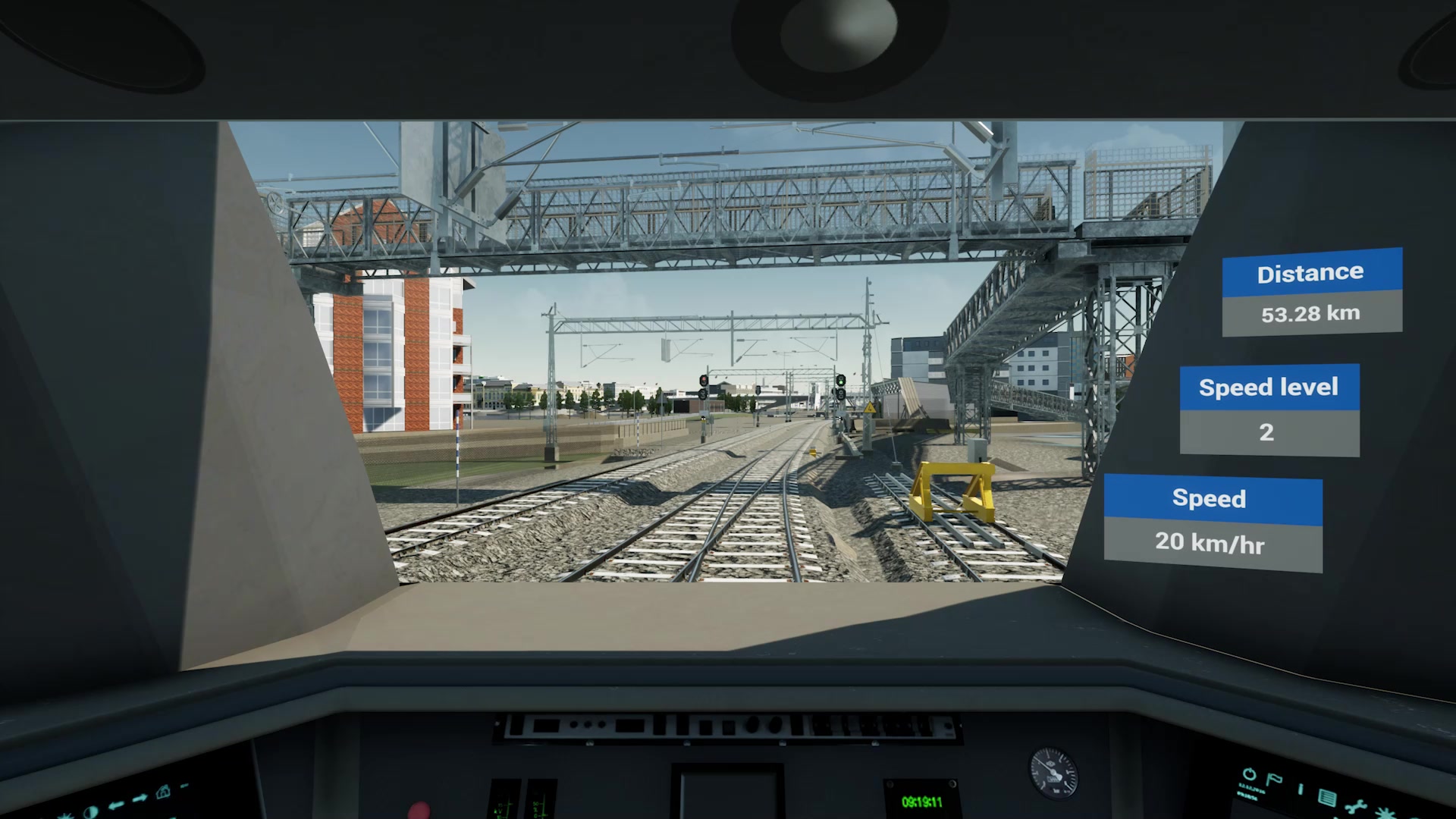 Cab view: signal gantry on electrified corridor